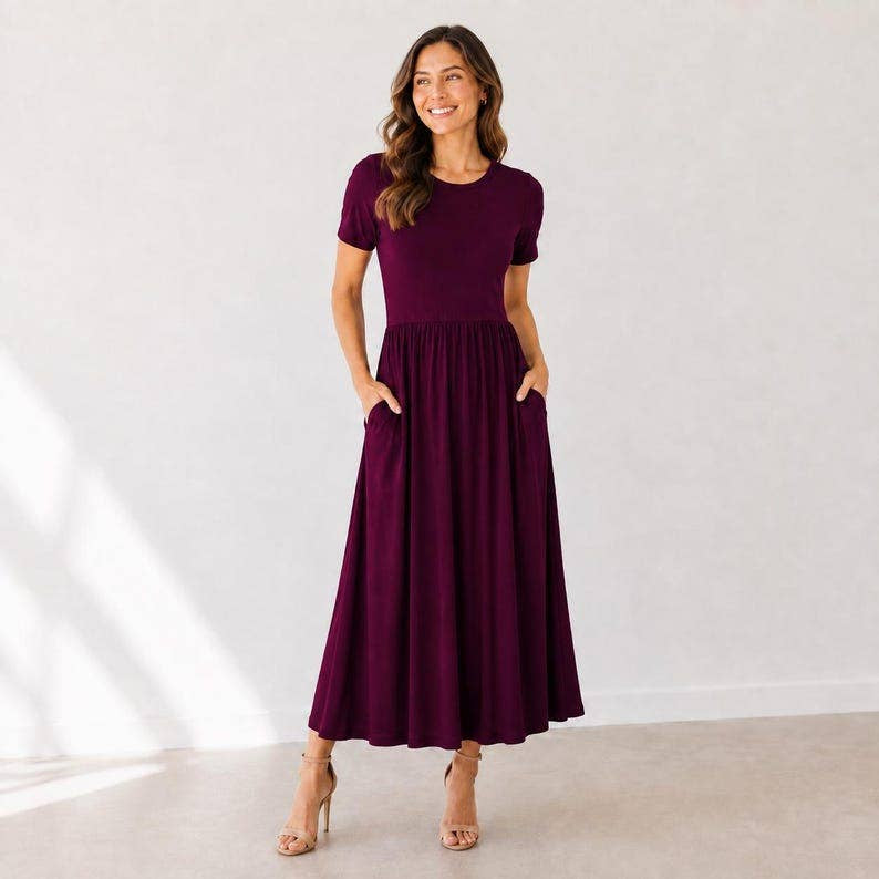 Wine Short Sleeve Dress with Pockets