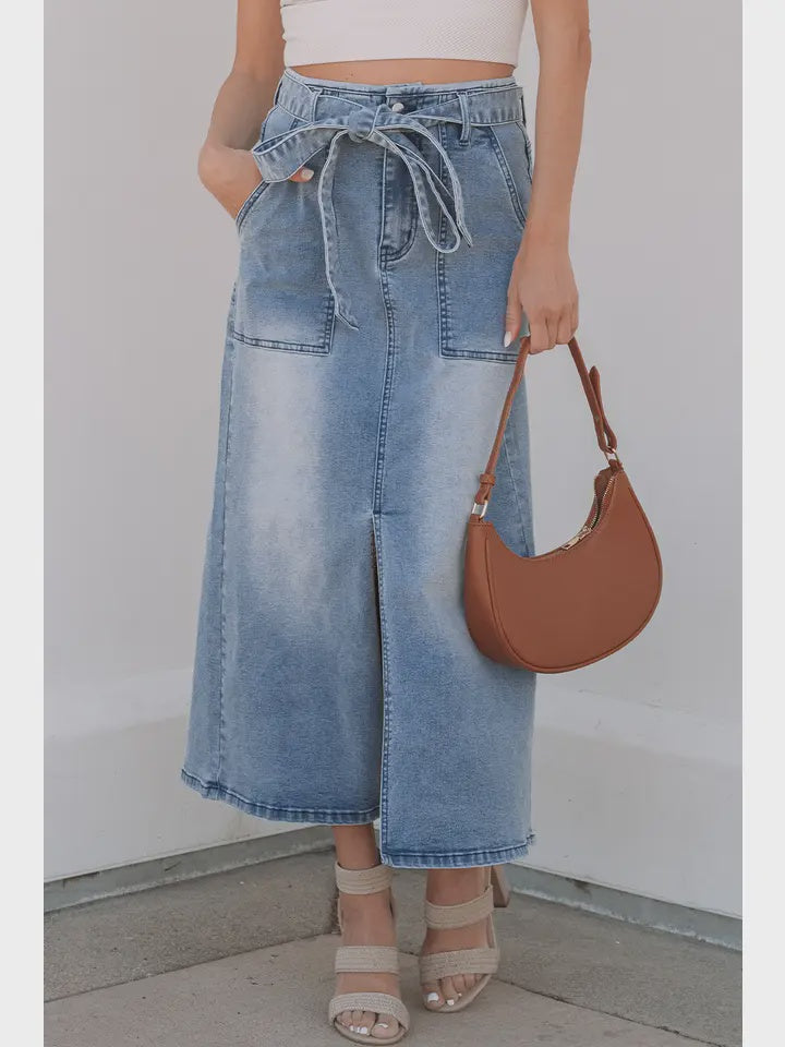 Ldc Light Wash Belted High Waist Midi Denim Skirt