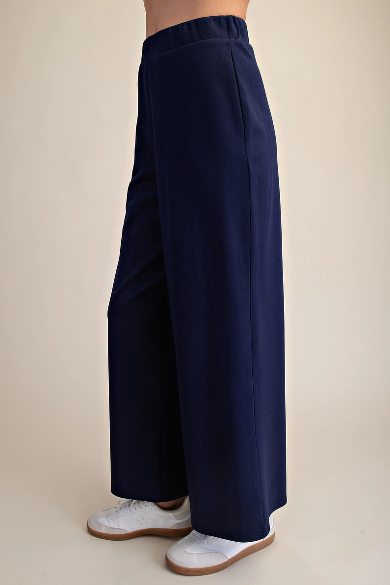 Glam Navy Elastic Waist Wide Leg Pants – Soft Business Casual Comfort