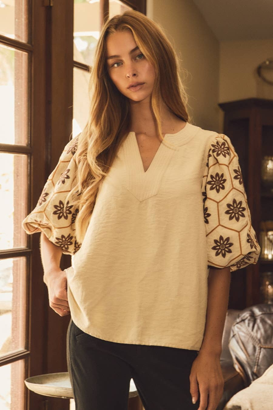 Oddi Dusty Ivory Floral Embroidered V-neck Blouse