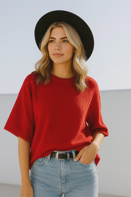 Short Sleeve Relaxed Knit Sweater Top (Red)
