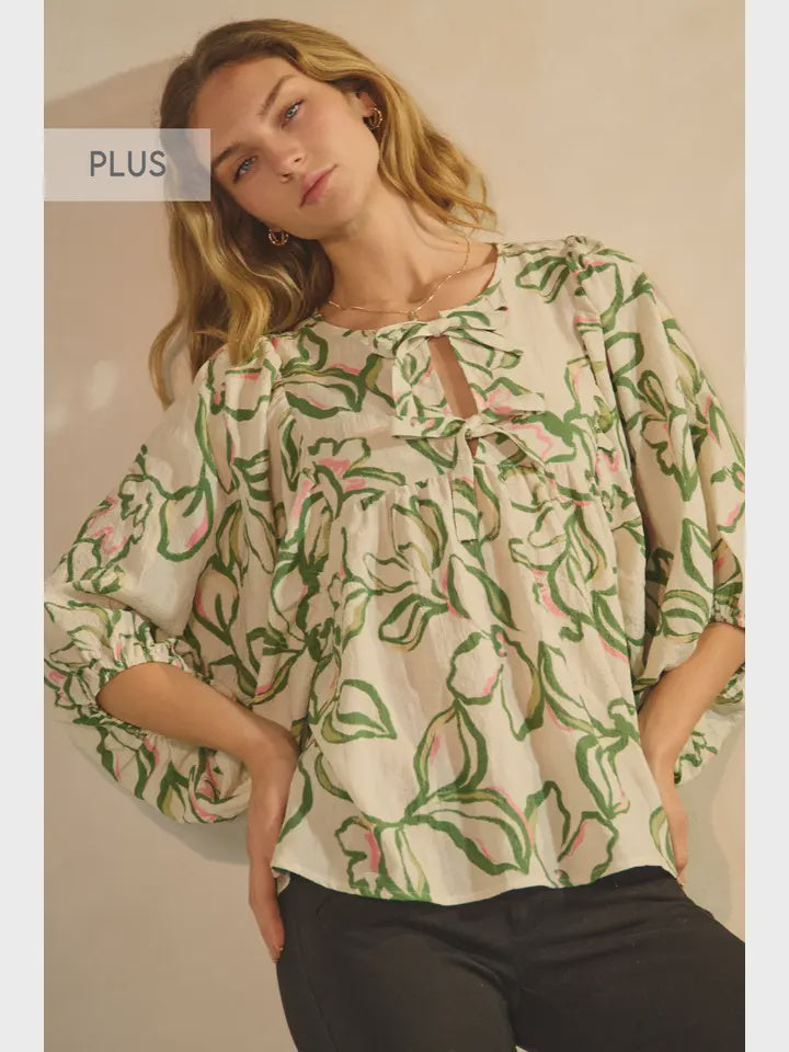 PLUS Textured Floral Blouse with Front Tie- Pink/Green Print