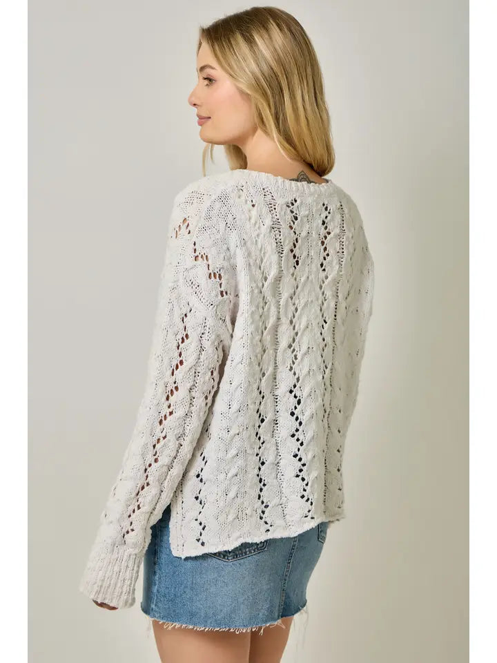 Mystree Cloud Soft Velvet Crochet Henley Sweater