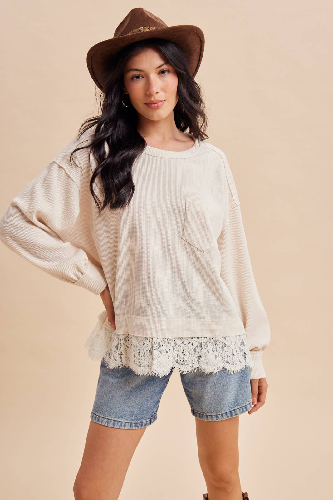 Cloud Dancer Lace Trim Thermal Knit Top