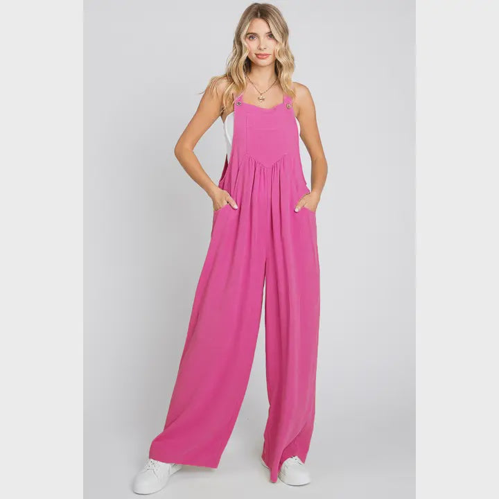 Solid Button Sling Wide-Leg Overall Jumpsuit Oddi