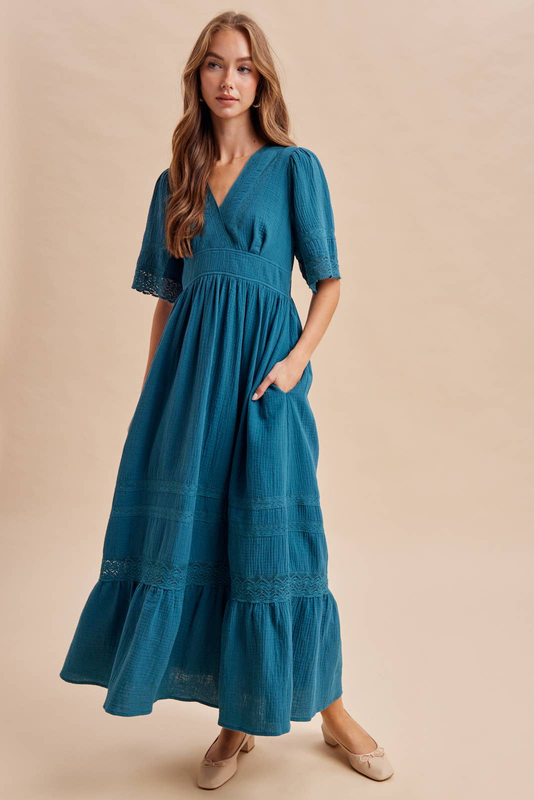 Dark Teal Cotton Gauze Lace Trim Maxi Dress