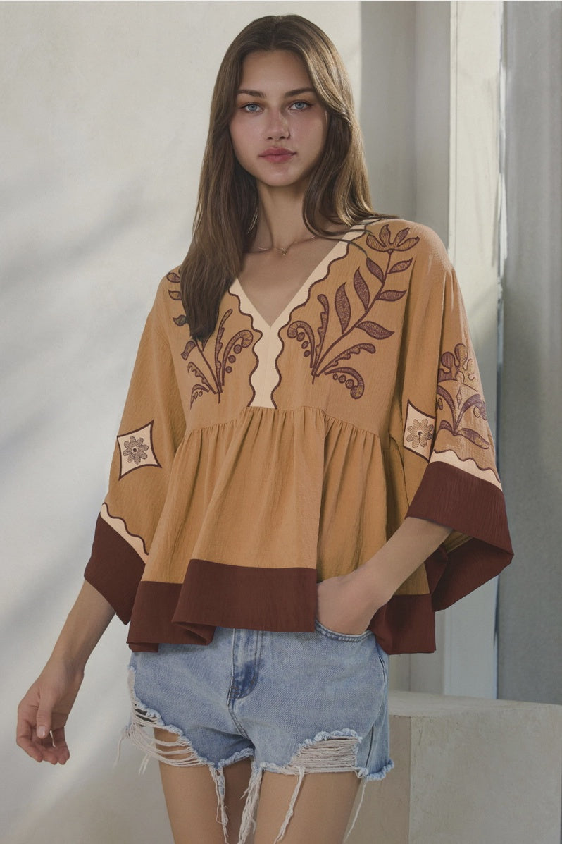 Embroidered Plunge V Neck Top Oddi