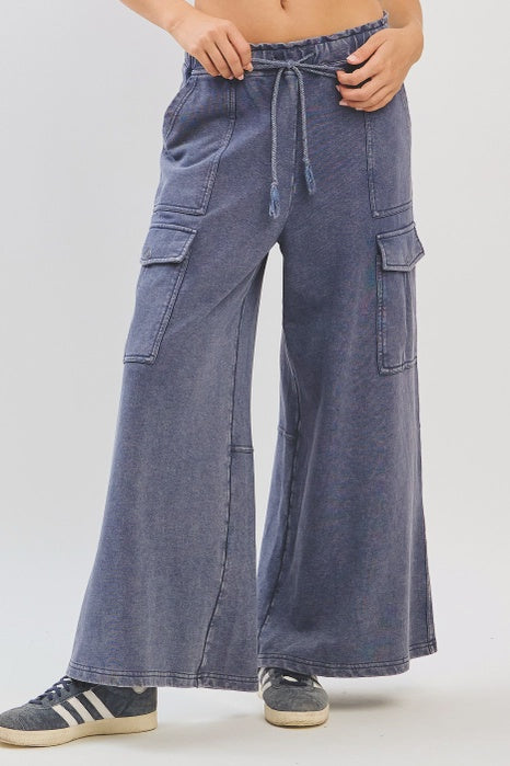 Mittoshop Washed French Terry Cargo Wide Leg Pants – Faded Navy
