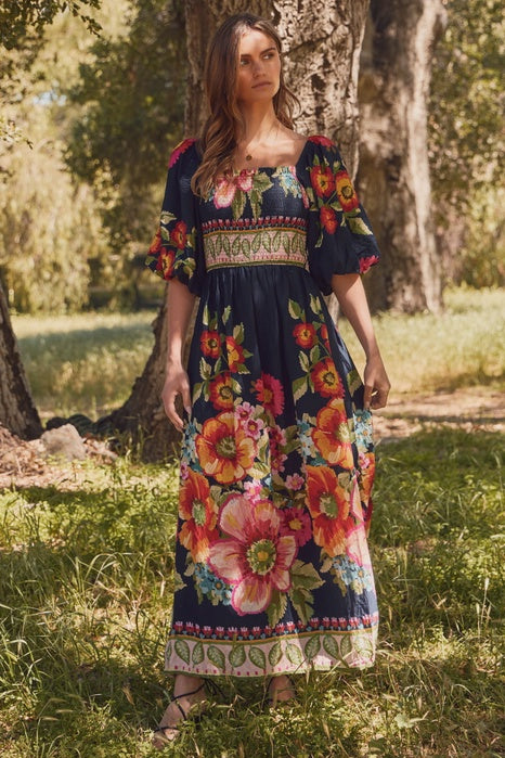 Giant Floral Border Maxi Dress with Smocked Top & Bubble Sleeves