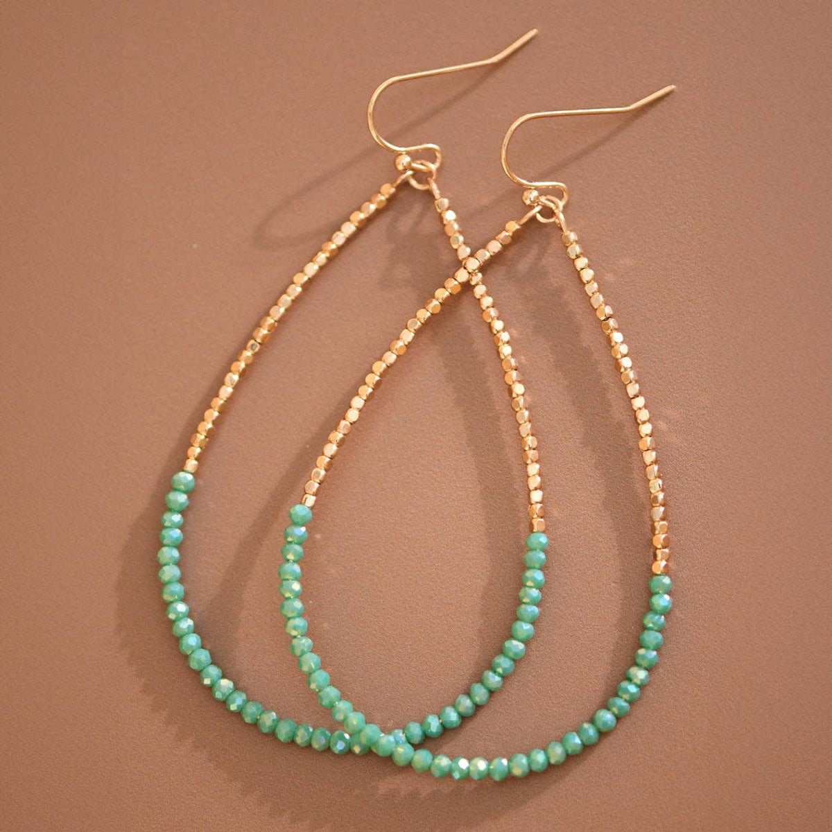 Gold Beaded Hollow Drop Earrings with Glass Beads - 6112