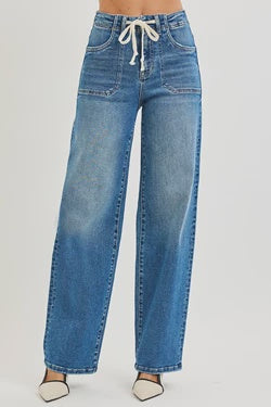 Risen – HW Wide Baggy Jeans with Waistband Tie Dark Wash