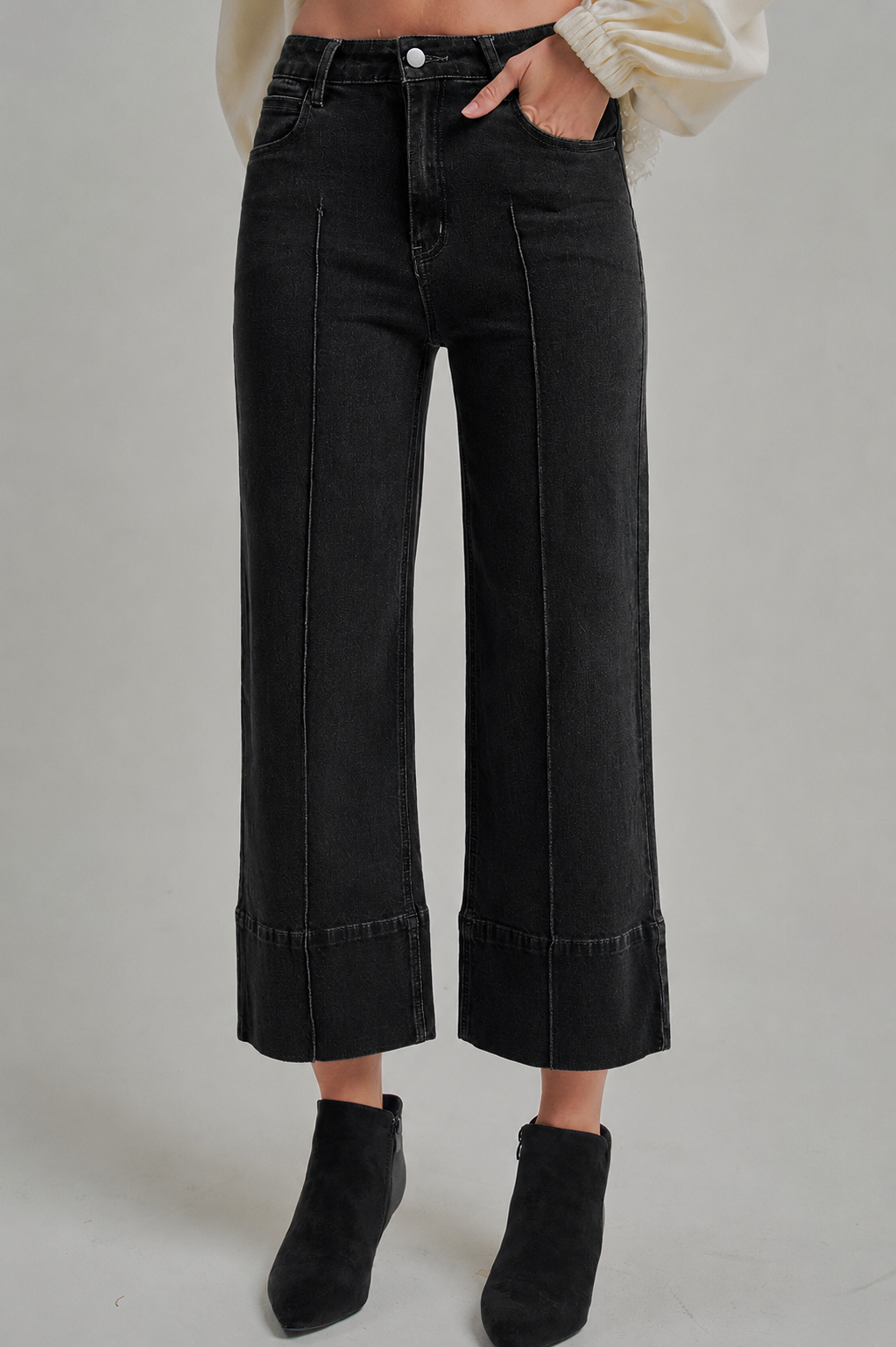 Black Charcoal MR Front Seam Wide Leg Jeans
