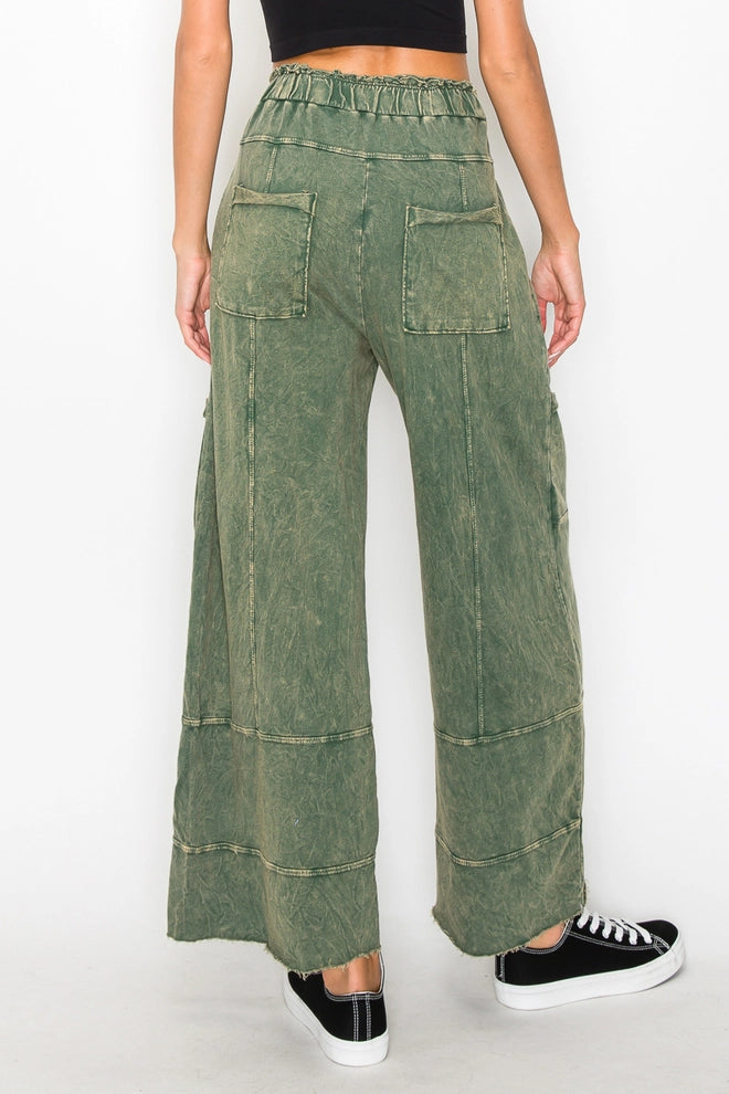 J.Her Olive Mineral Wash Wide Leg Pants with Raw Hem