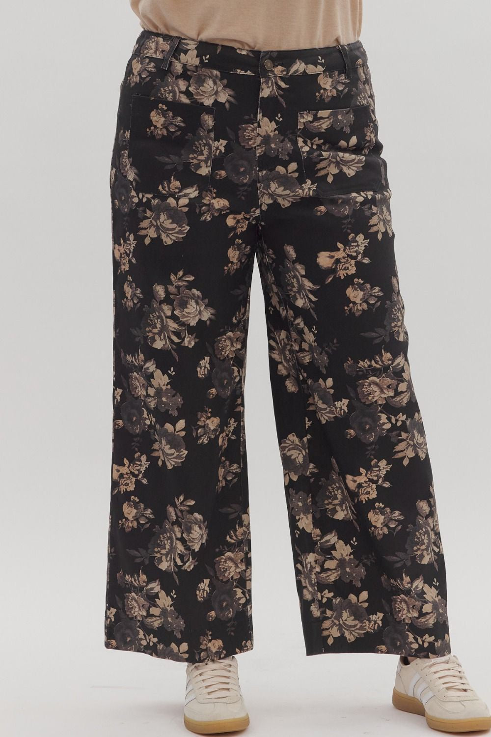 PLUS Entro Floral Print MR Ankle Pants with Patch Pockets – Black Mix