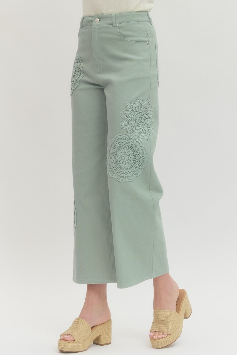 Seafoam Floral Lace Appliqué Wide Leg Pants