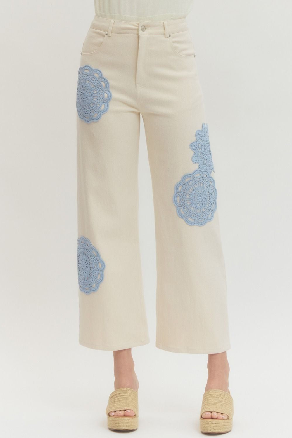 Entro Cream Wide-Leg Pants with Blue Floral Lace Appliqué