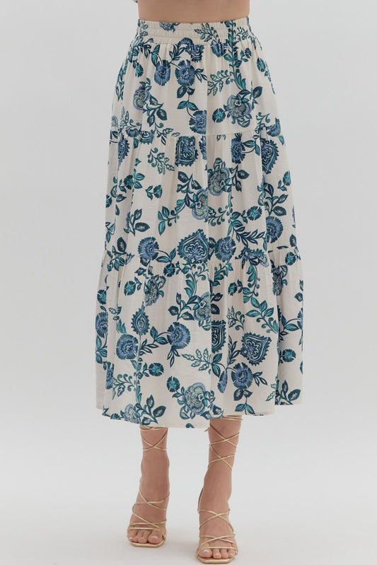Entro Floral Print Tiered Pull-On Midi Skirt - Blue