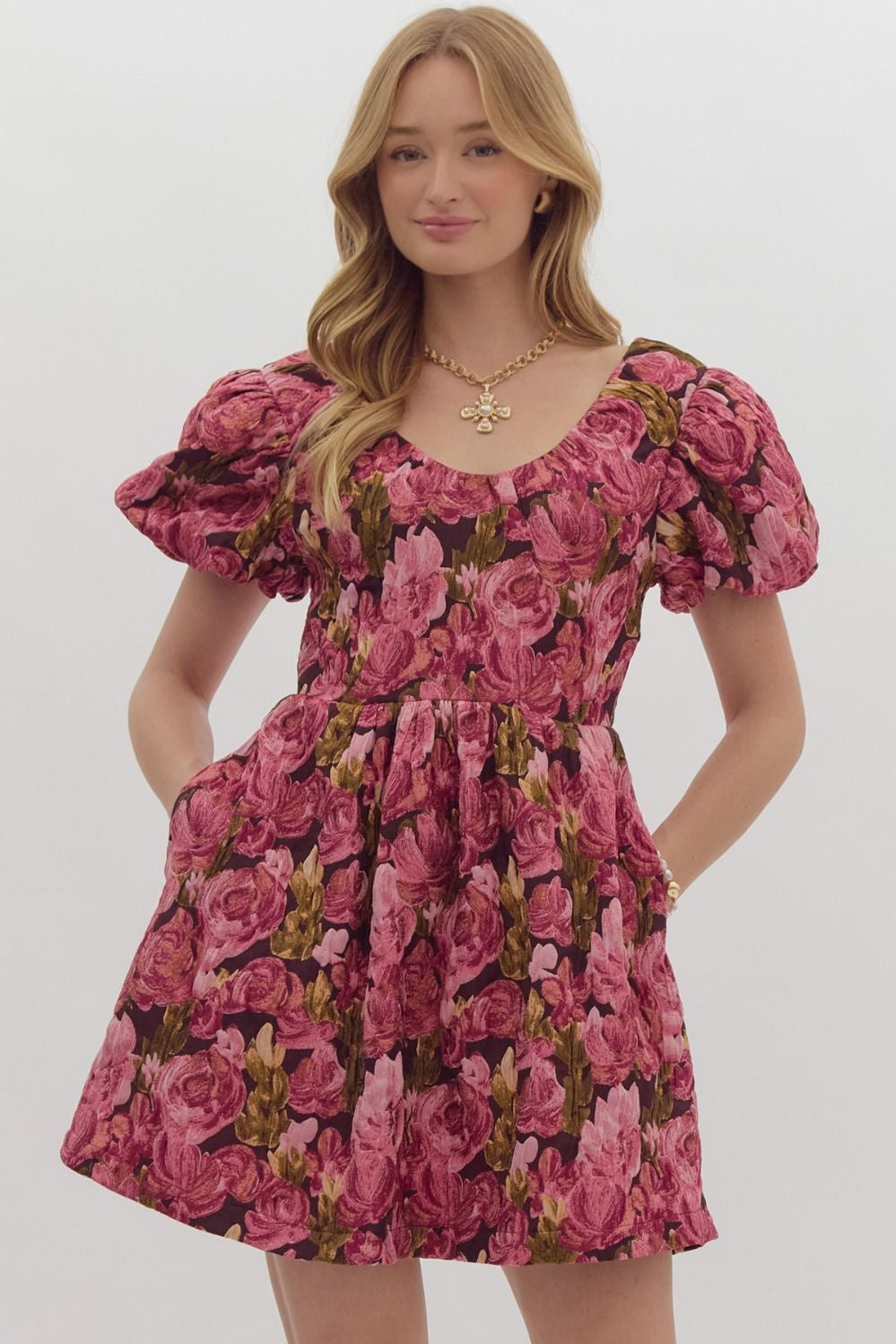 Entro Berry Rose Puff Sleeve Mini Dress Entro