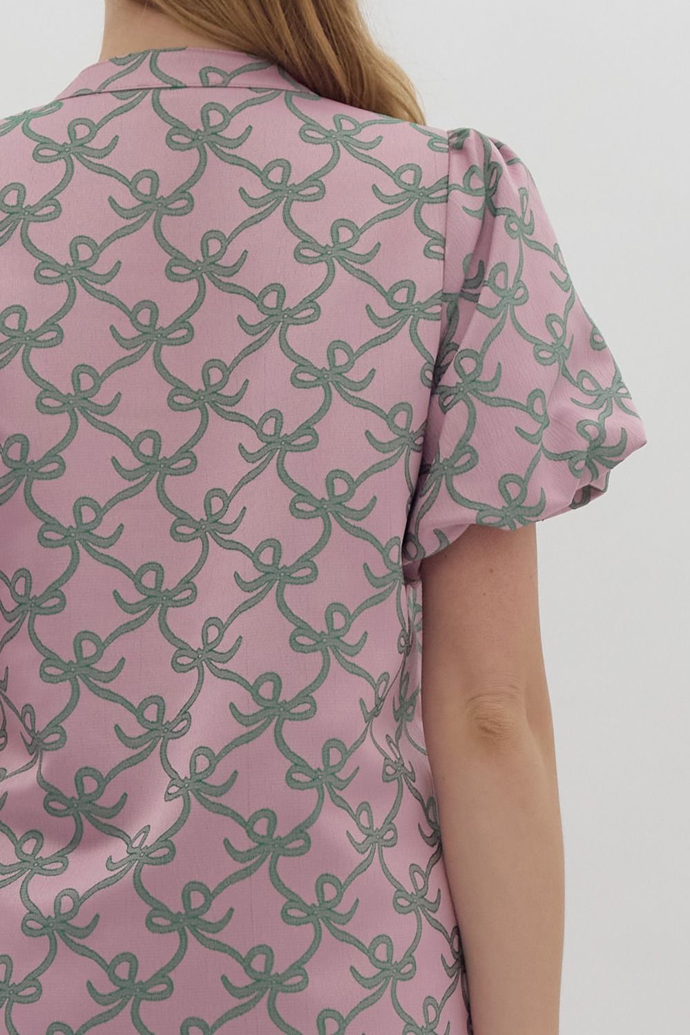 Jaquard Puff Sleeve Shift Dress with Sequin Bow Entro