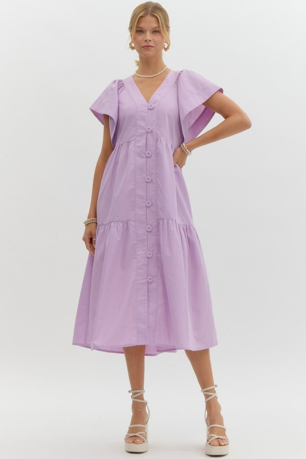 Solid Flutter Sleeve Midi Dress with Buttons Entro