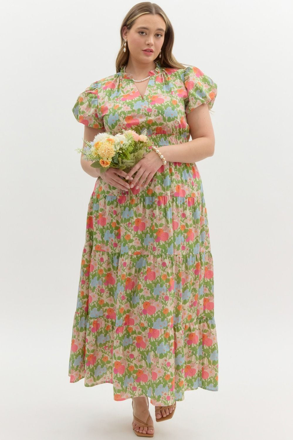 PLUS Floral Print Bubble Sleeve Tiered Dress Entro