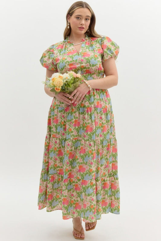 PLUS Floral Print Bubble Sleeve Tiered Dress Entro