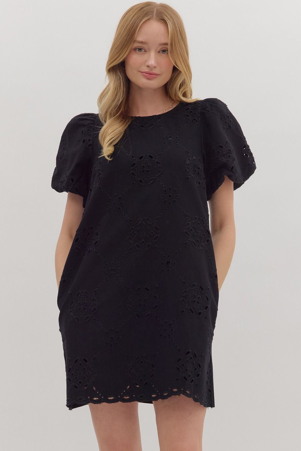Entro Classic Black Eyelet Puff Sleeve Mini Dress