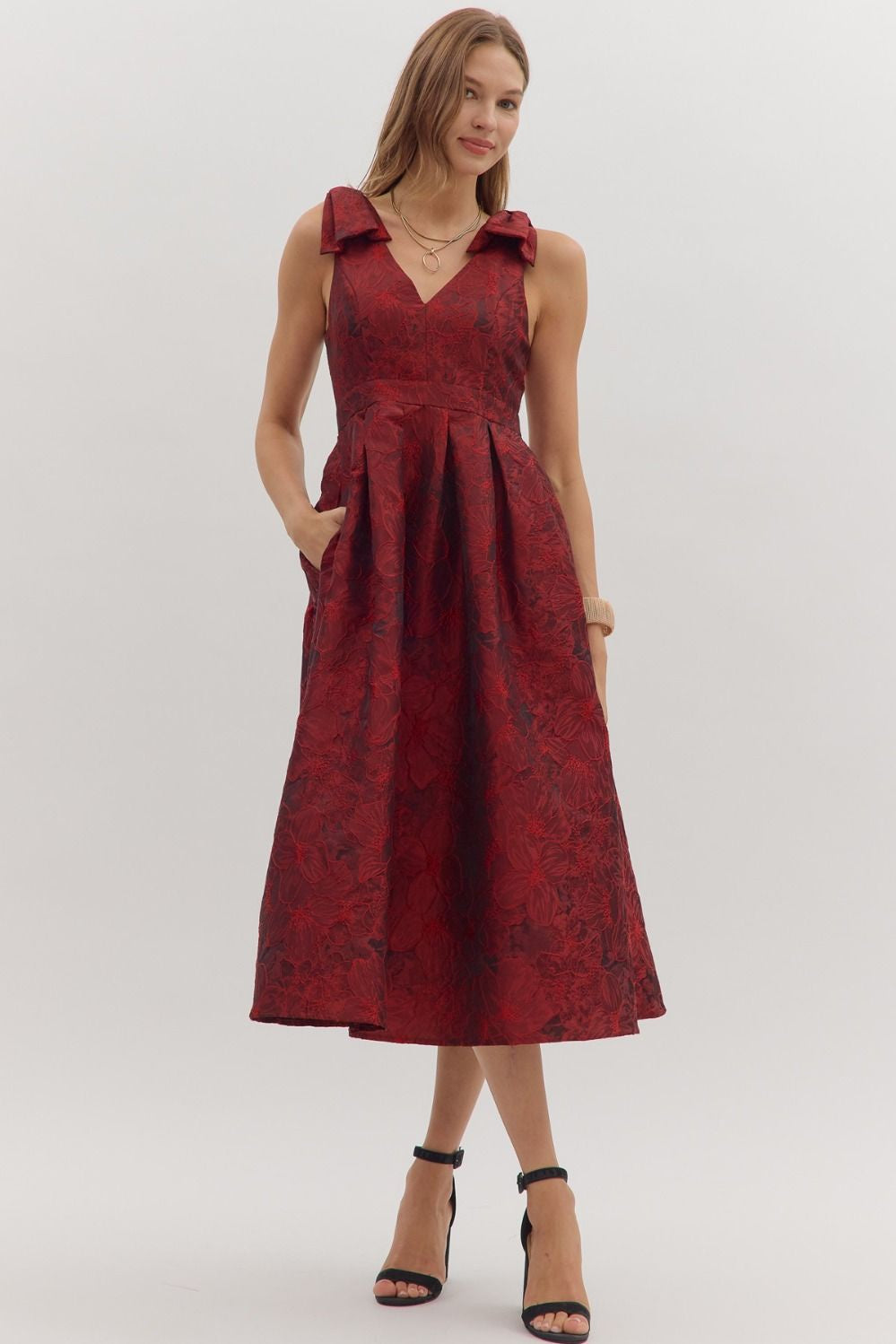 Entro Floral Jacquard Sleeveless Midi Dress with Bow Accent Deep Red www.shoppesonmainconover.com Entro Floral Jacquard Sleeveless Midi Dress with Bow Accent Deep Red www.shoppesonmainconover.com