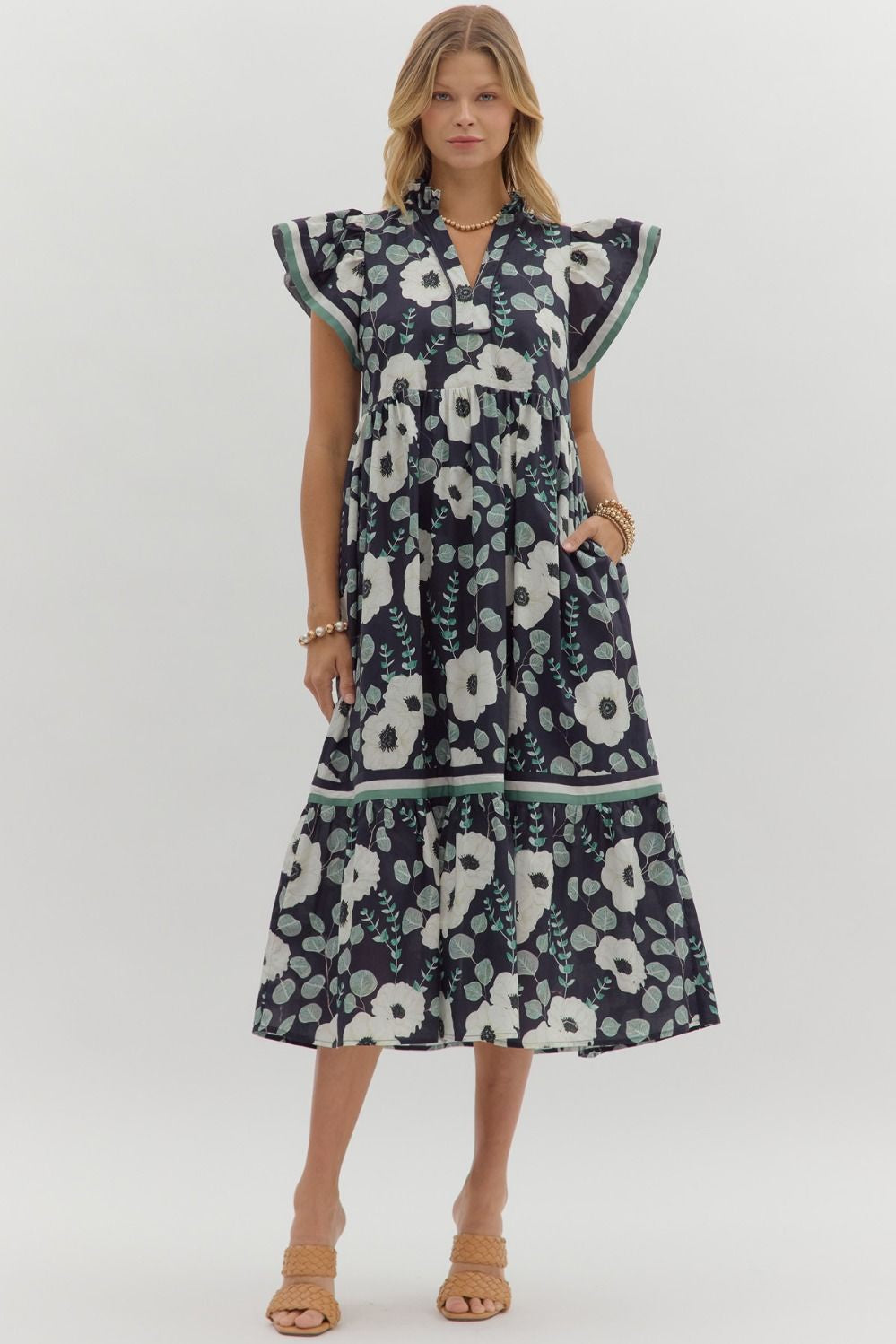 Entro Floral Tiered Midi Dress with Ruffle Flutter Sleeves & Pockets
