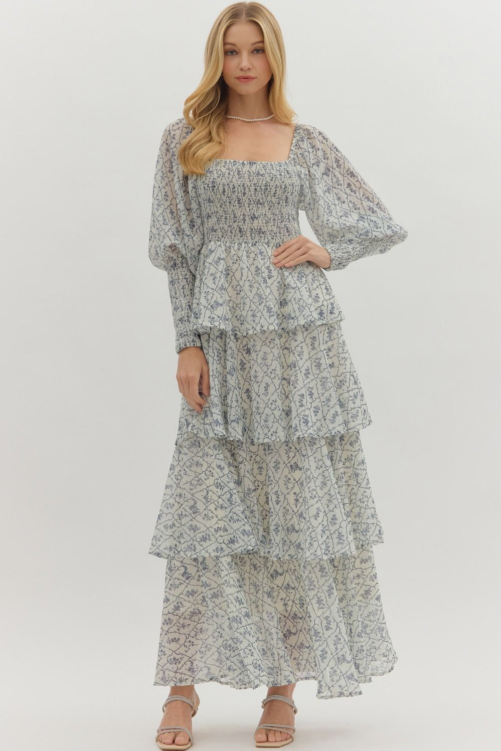Entro Floral Puff Sleeve Smocked Maxi Dress