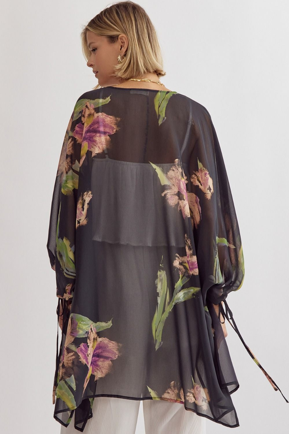 Entro Black Floral Print Open Front Kimono with Tie Cuff