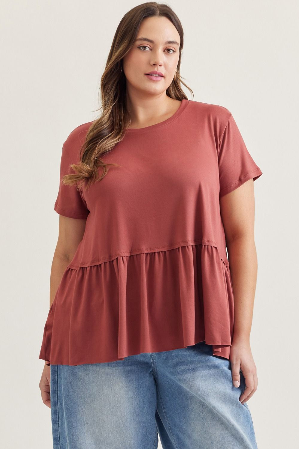 PLUS Entro Solid Marsala Tiered Short Sleeve Top