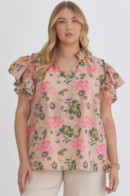 PLUS Entro Peach Floral Ruffled Top Entro