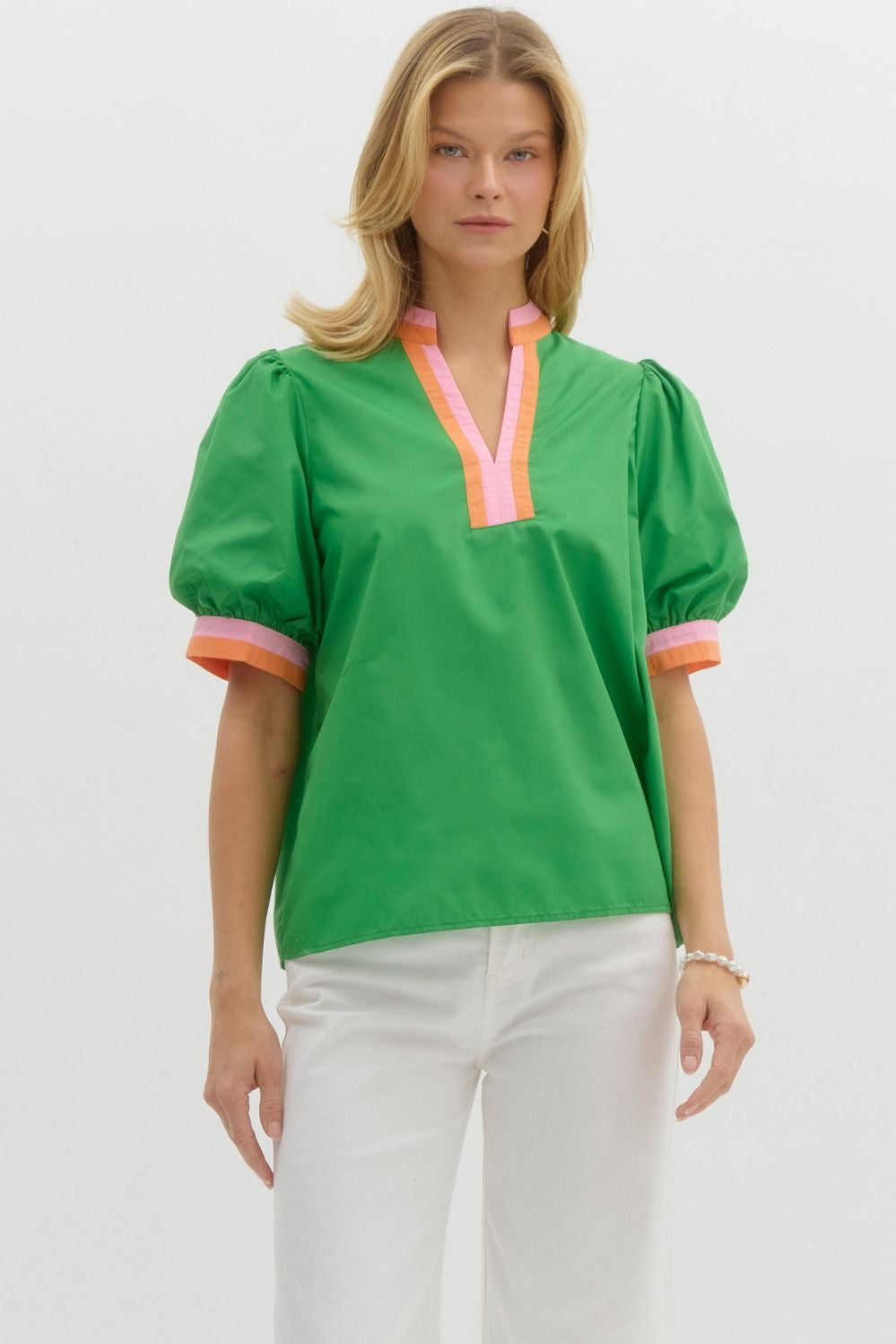 Entro Green Bubble Sleeve Blouse with Multicolor Trim