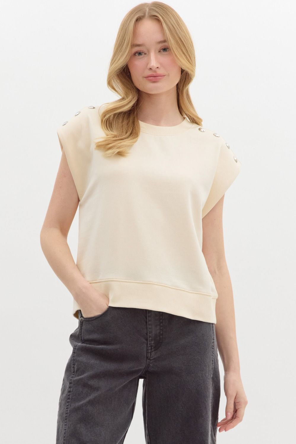 Ecru Terry Knit Top with Accent Studs Entro
