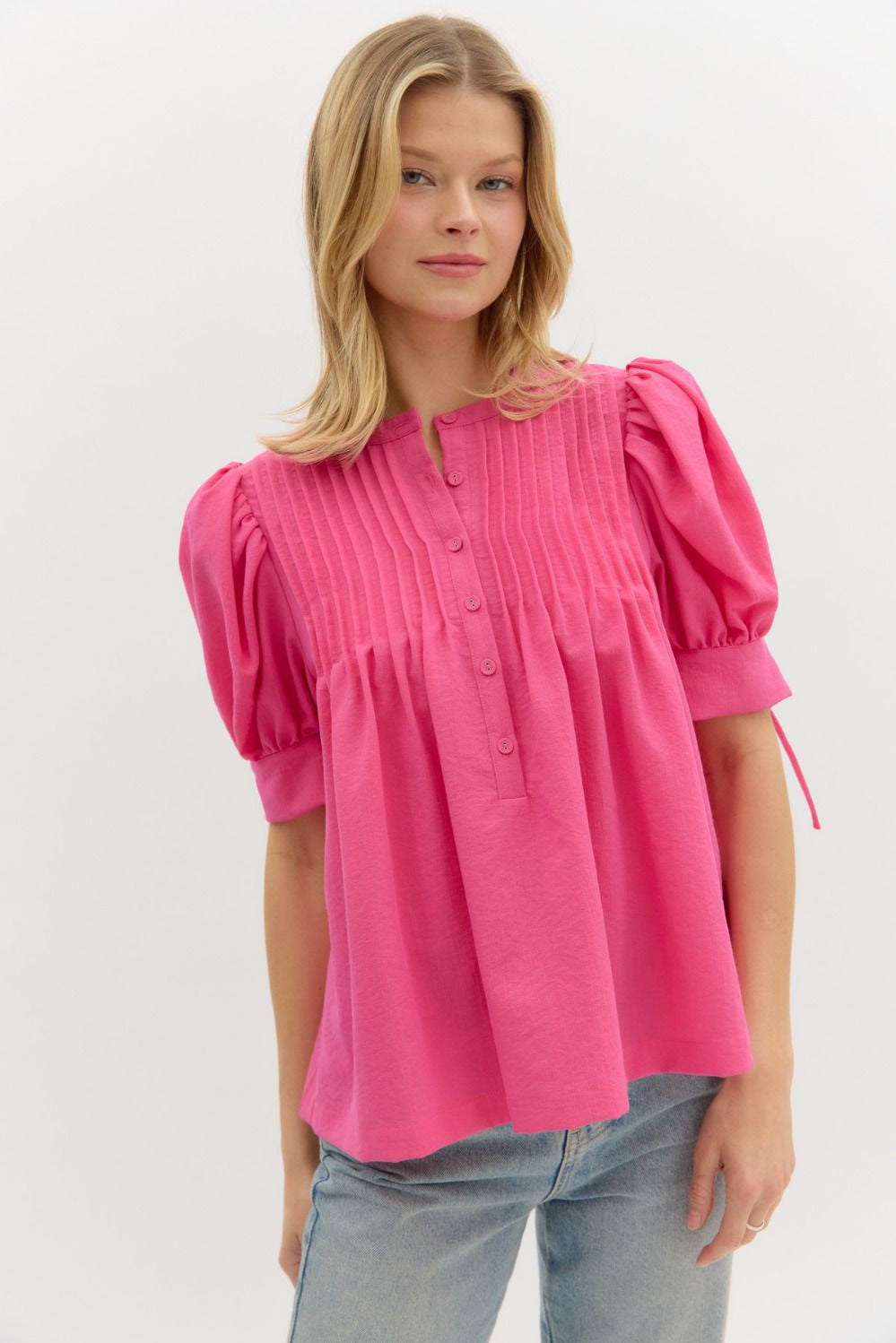 Pink Round Neck Half Button Pintuck Top Entro