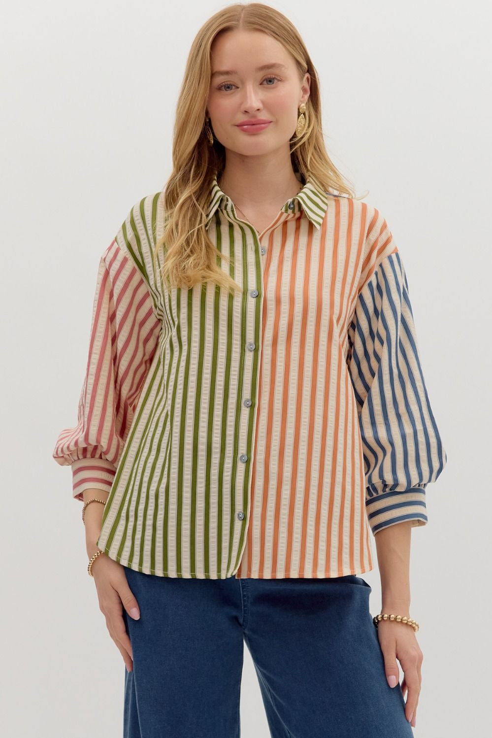 Entro Colorblock Stripe Button-Down Shirt – ¾ Sleeve Lightweight Blouse