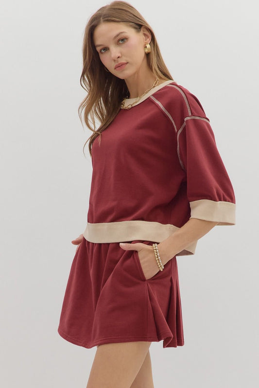 Entro Crimson Charm Contrast Trim Knit Top