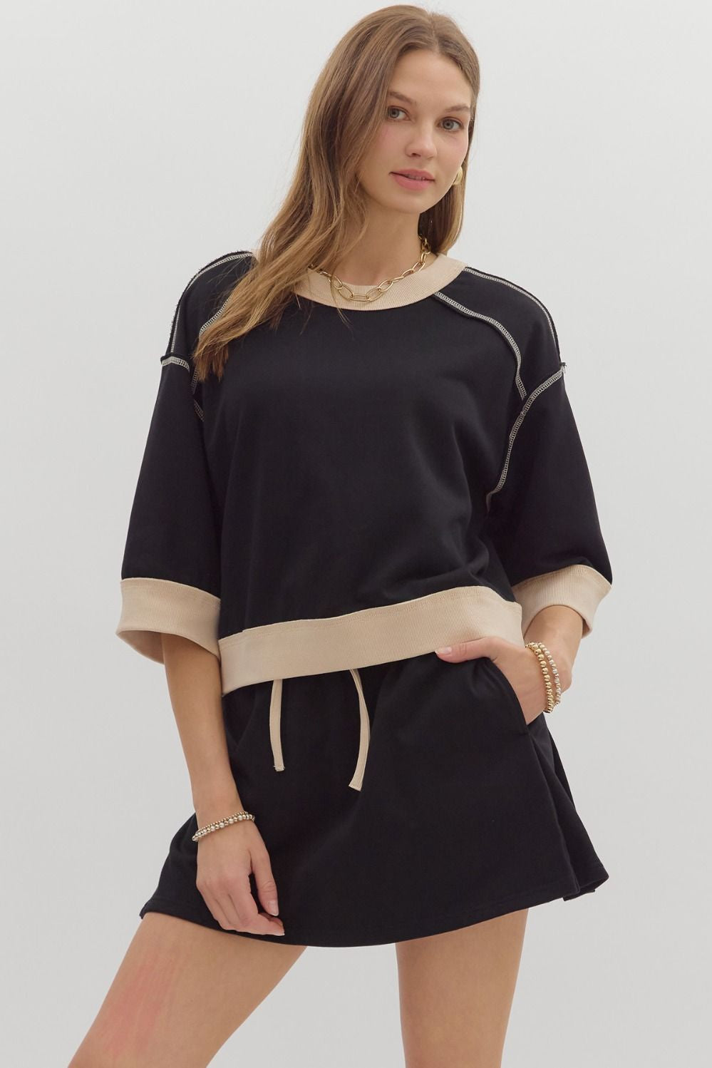Entro Midnight Muse Contrast Trim Knit Top - Black