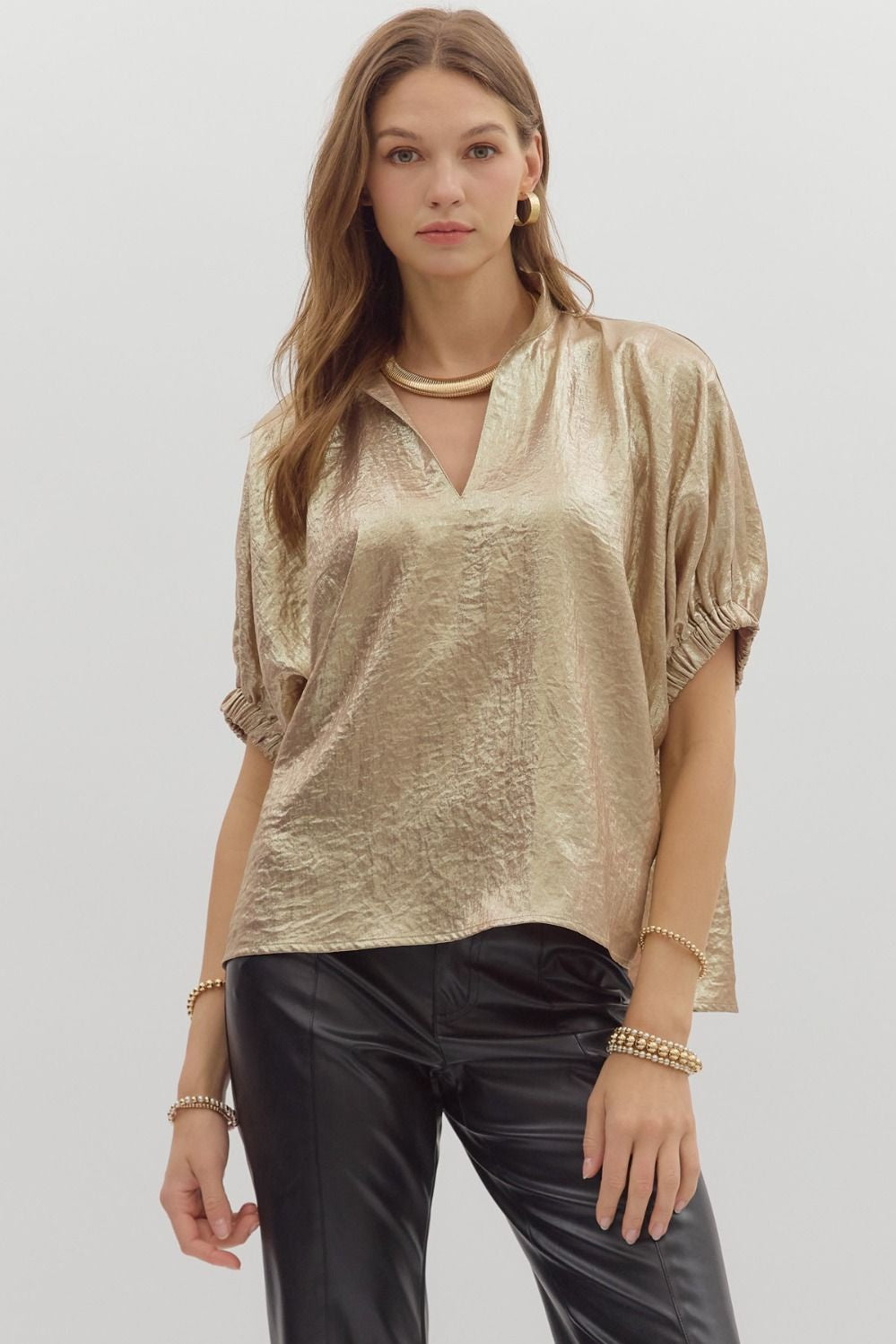 Metallic V-Neck Dolman Sleeve Top