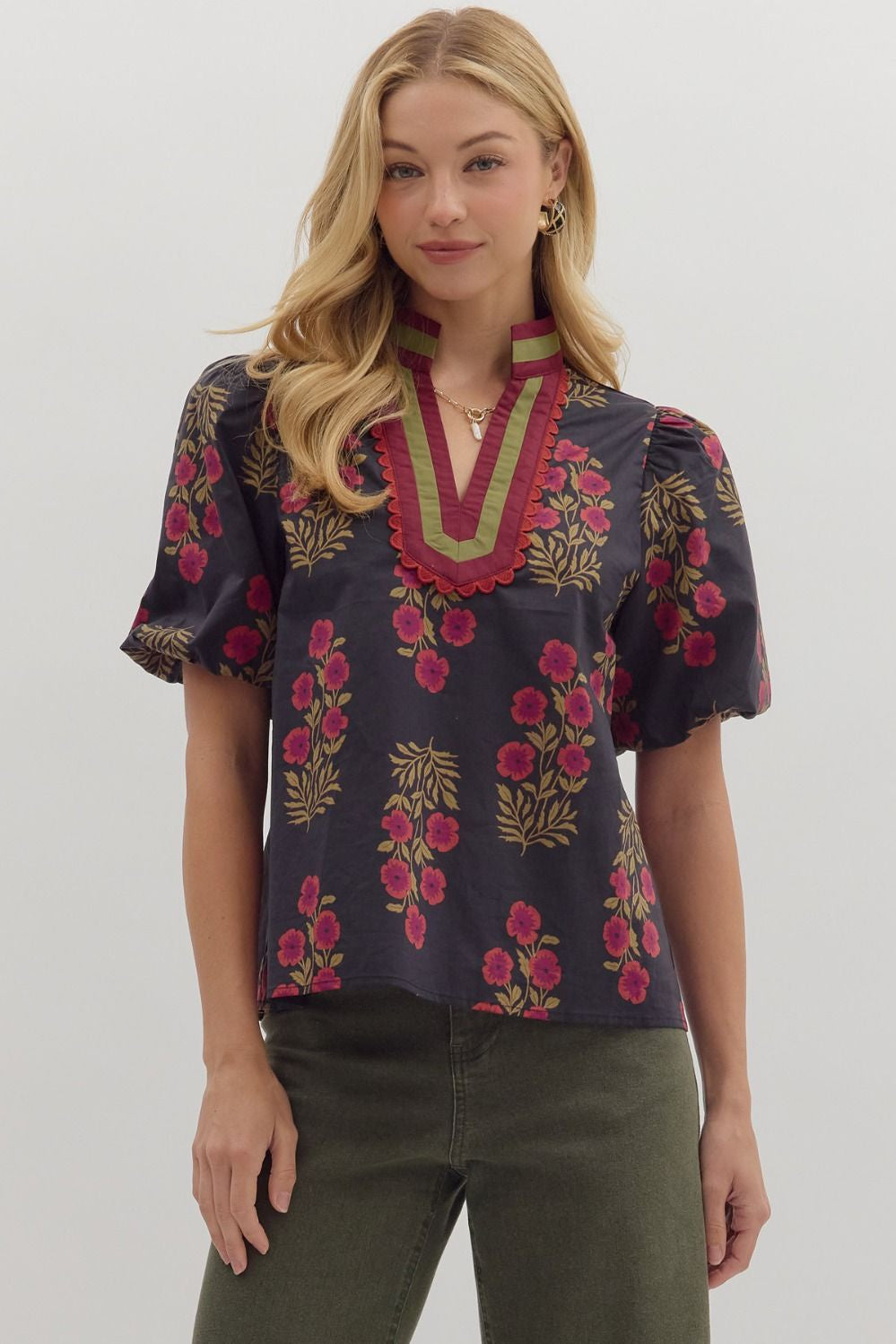 Entro Floral Print Bubble Sleeve Top with Multicolor V-Neck Trim