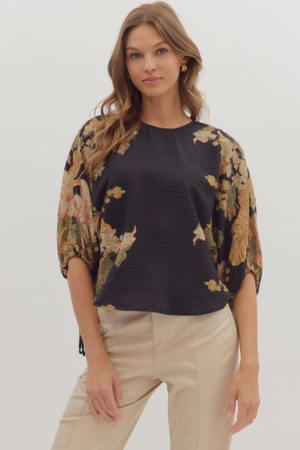 Entro Botanical Print Puff Sleeve Tie Hem Top
