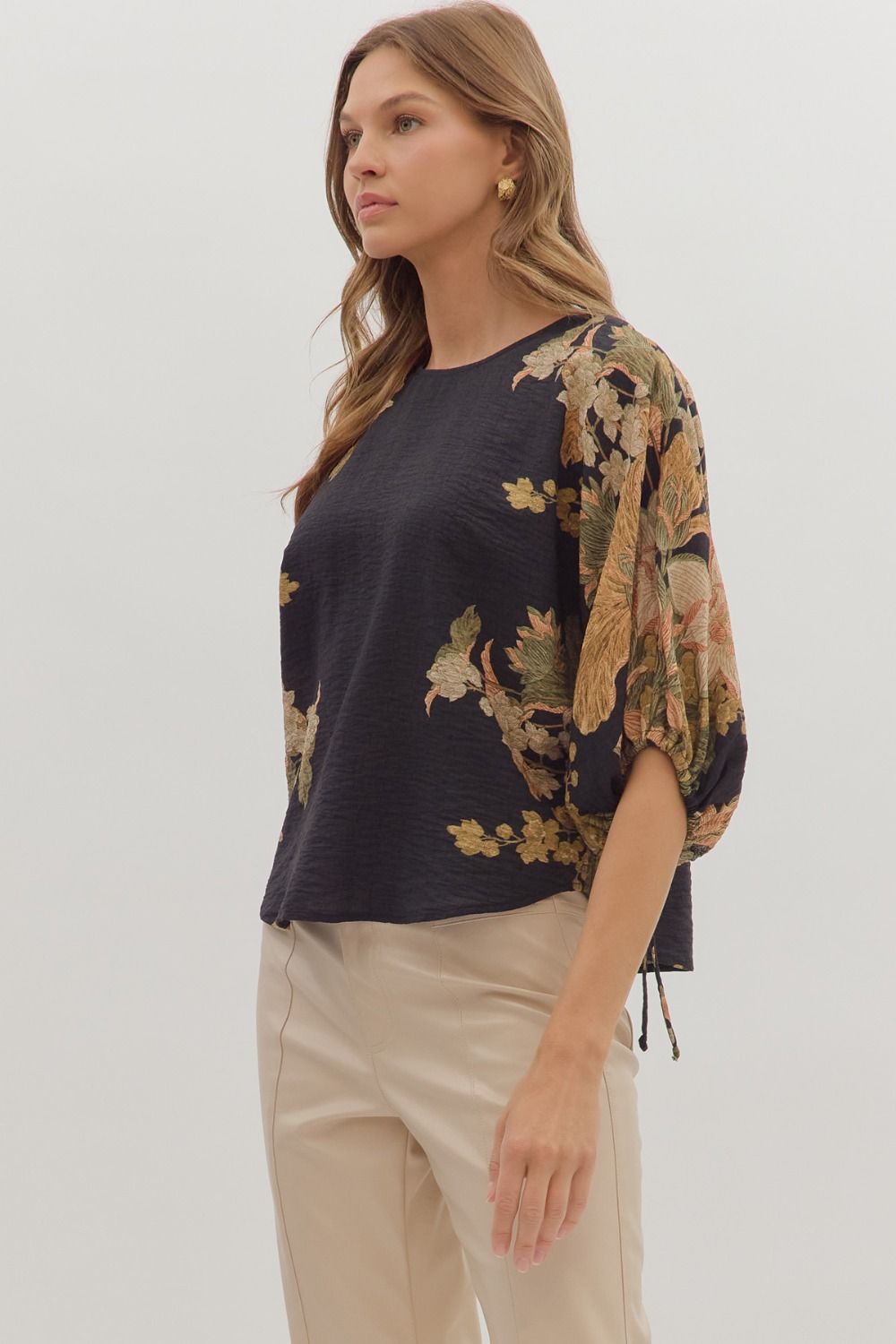Entro Botanical Print Puff Sleeve Tie Hem Top