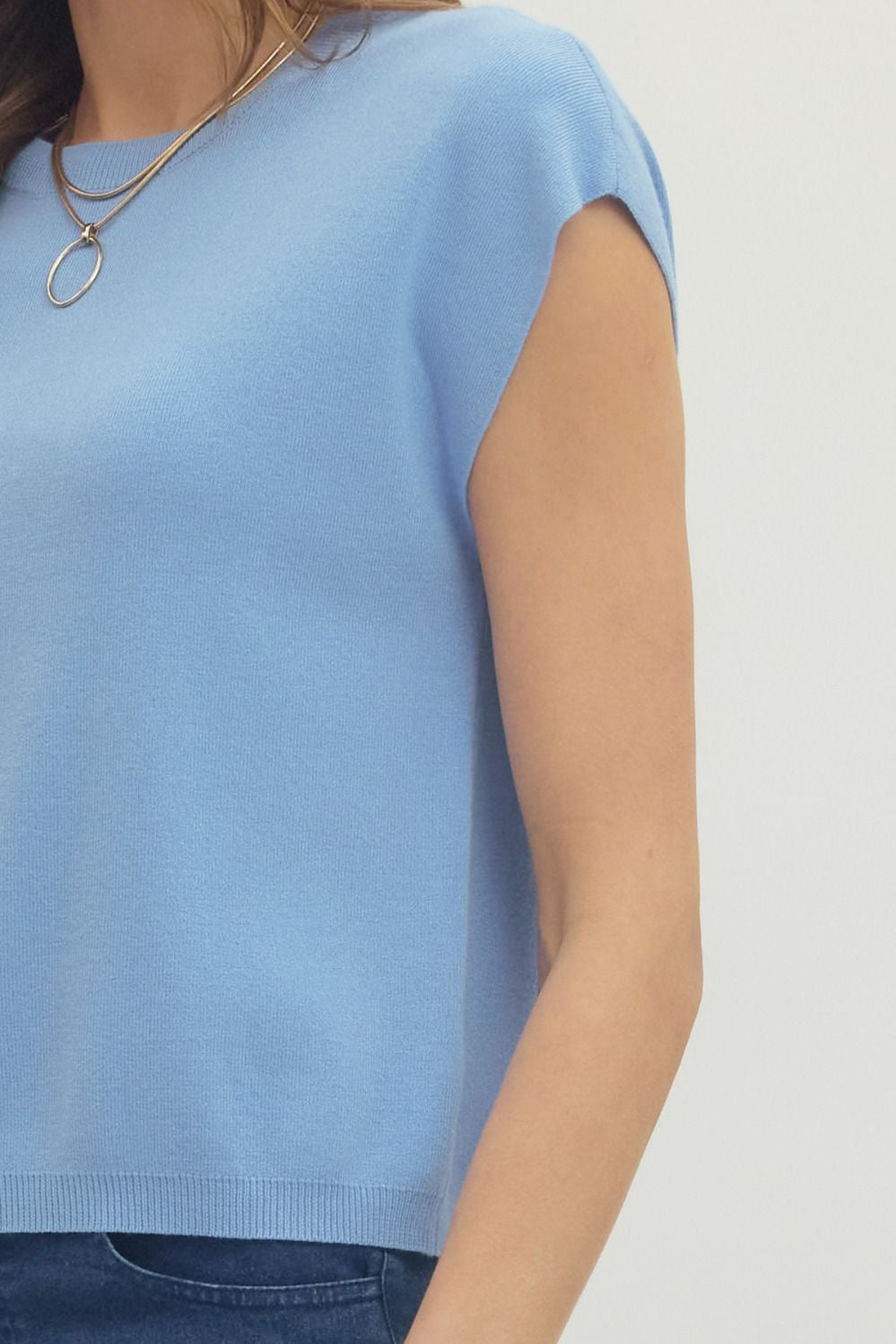 Blue Solid Cap Sleeve Knit Top