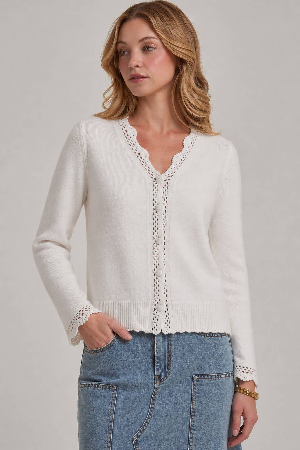 BON Lace Trim Button Front Cardigan – Off White