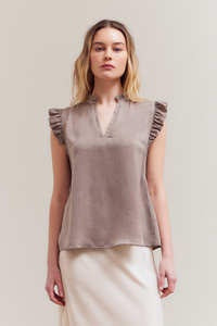 Fawn Whisper Satin Ruffle Blouse