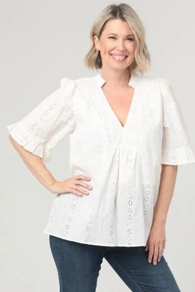 Ivory Eyelet V-Neck Elbow Sleeve Blouse