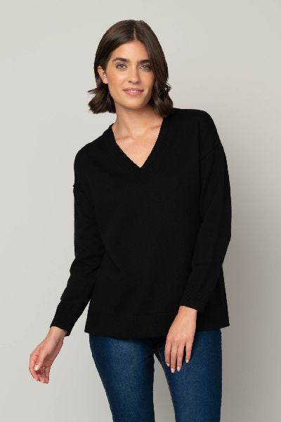 Jersey Stitch V-Neck Sweater - Black