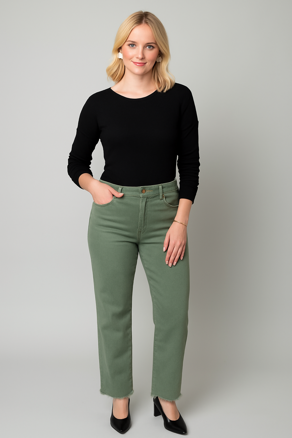 Olive HR Wide-Leg Denim Pants with Frayed Hem 31" Inseam