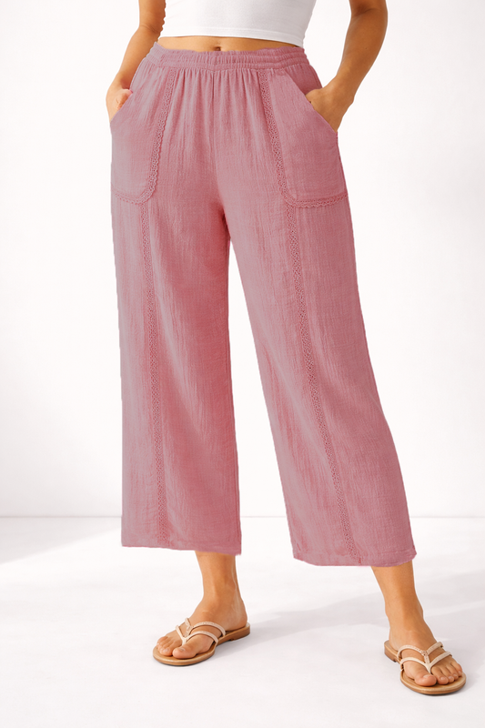 Pink Cotton Gauze Cropped Wide Leg Pant w/ Crochet Lace Trim